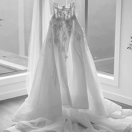 Wedding dress display in bridal suite